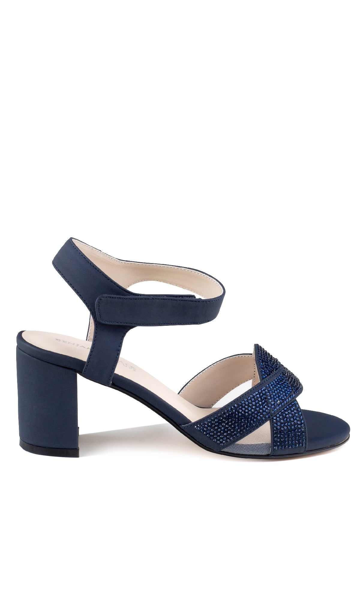 The Cam Navy Blue Shimmer Prom Shoes (Touch Ups 4640) feature an ankle strap, open toe, block heels, and blue rhinestone-adorned front straps—ideal as dress shoes or navy blue prom shoes for any special occasion.